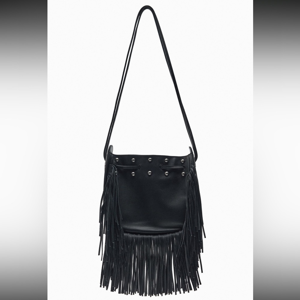 New Black Zara Fringed Leather Bucket Bag Metallic Stud Detail Limited Edition